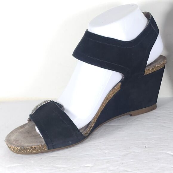 Mephisto Women's Jackie 40 US9-9,5 Black Leather Cork Embellished Wedge Sandals - Picture 6 of 16